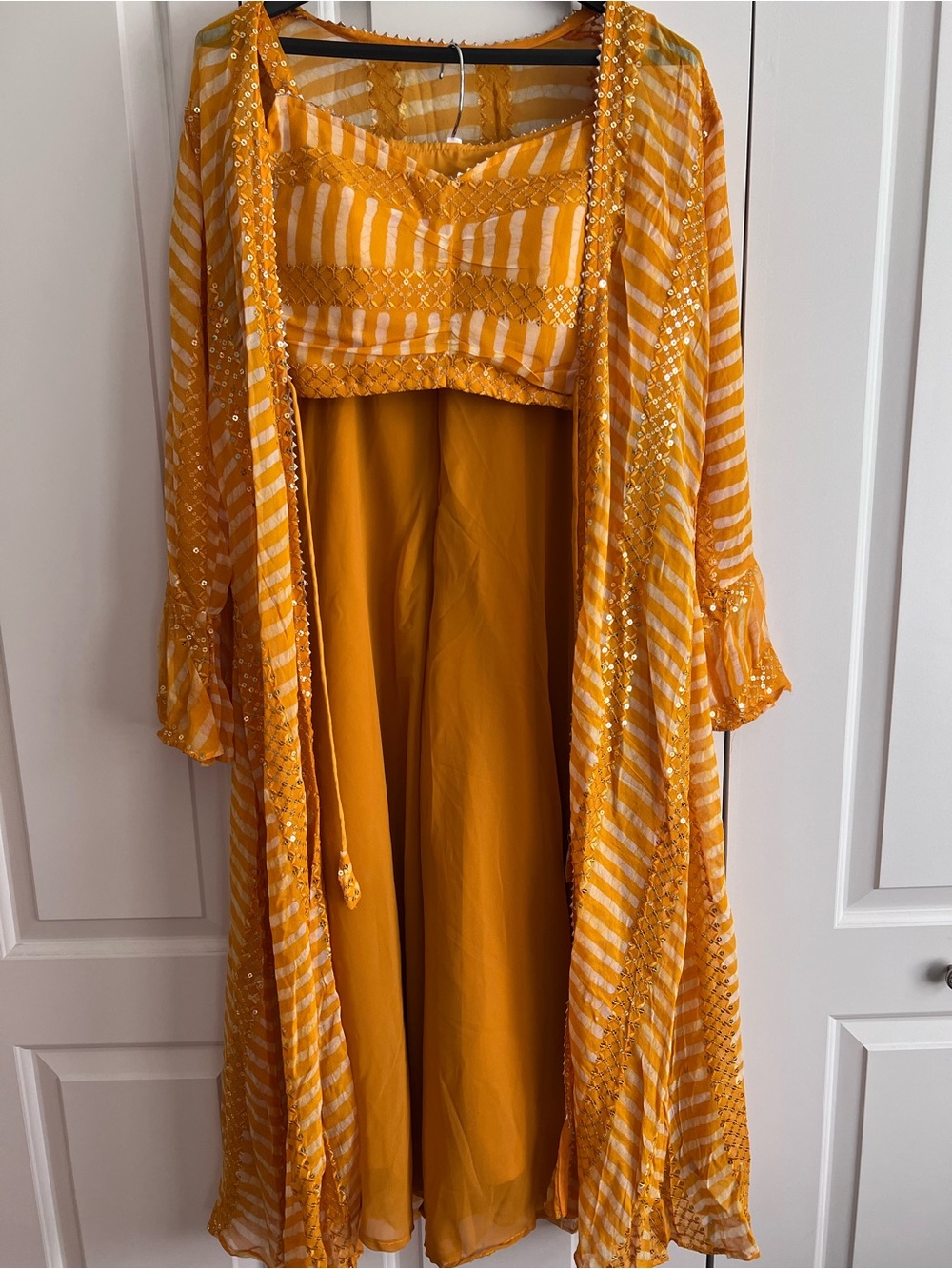 Women’s Mustard Yellow Stripe Embellished Palazzo Pants Set